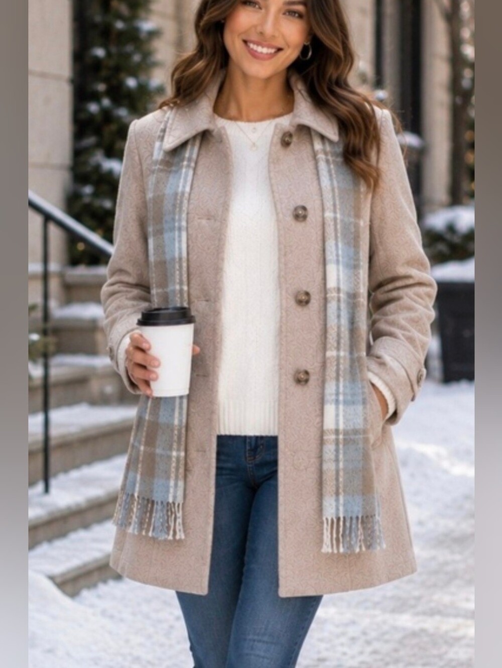 London Fog Oatmeal Heathered Wool Blend Peacoat W/ Scarf Pockets Size XXL